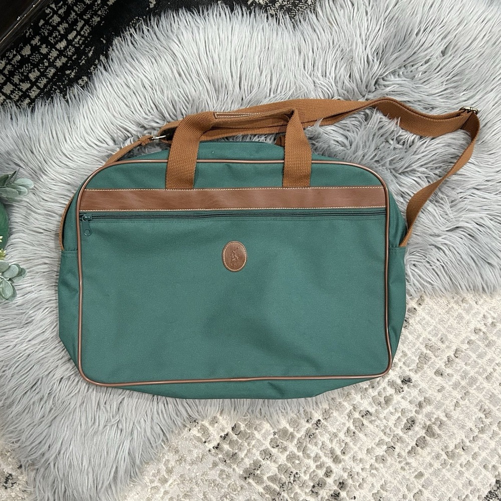 VTG Polo Ralph Lauren Shoulder Laptop Messenger Bag Green Brown Travel